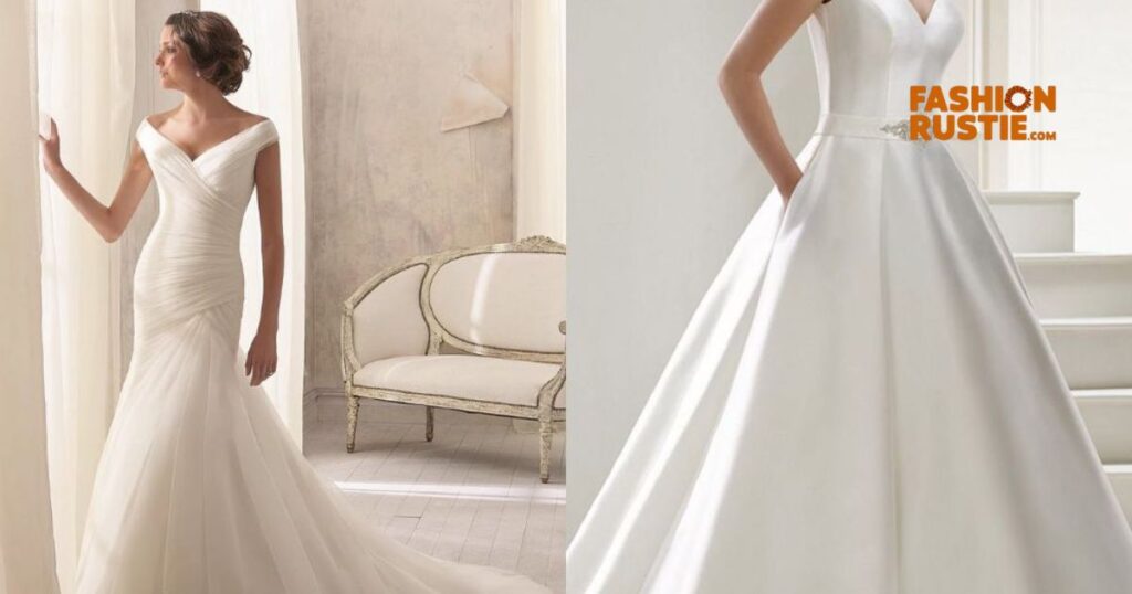 Elegant wedding dress displayed on a mannequin, showcasing intricate lace details and a flowing train.