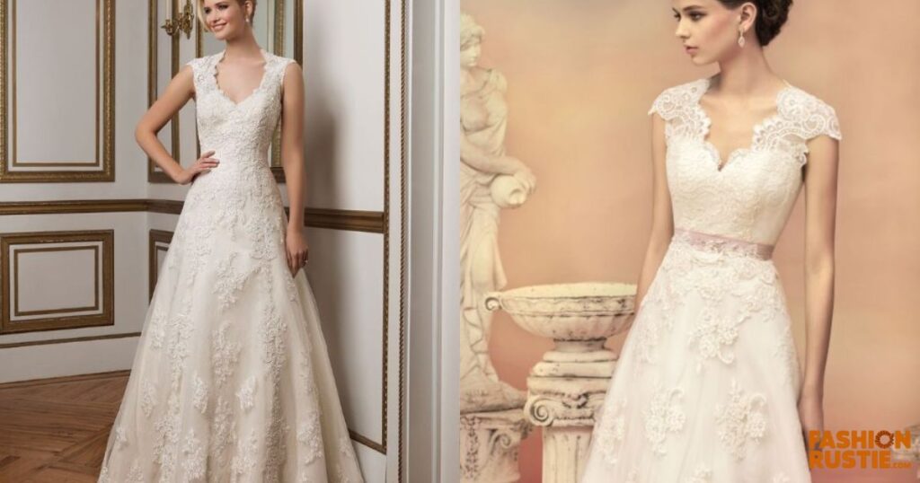 Stunning attire highlighted by a Queen Anne neckline, representing classic beauty and modern sophistication.