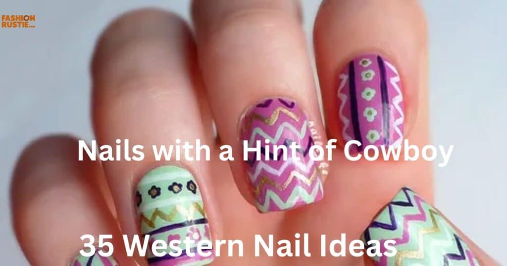 Western-themed nail art featuring cowboy elements, showcasing 35 creative designs for a stylish look.
