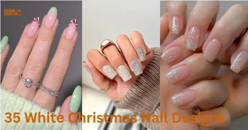 A collection of 35 elegant white Christmas nail designs showcasing festive patterns and decorations for a holiday look.