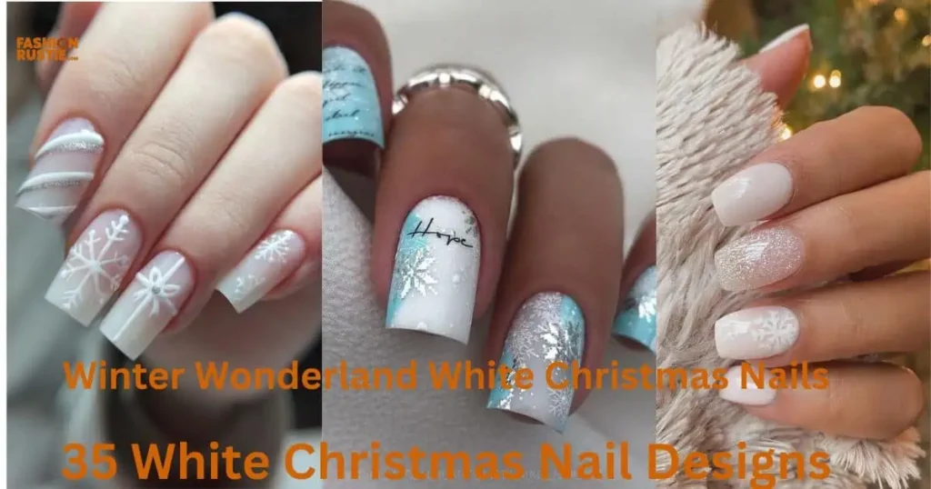 Beautifully crafted winter wonderland nails inspired by a white Christmas, adorned with delicate snowflake designs.
