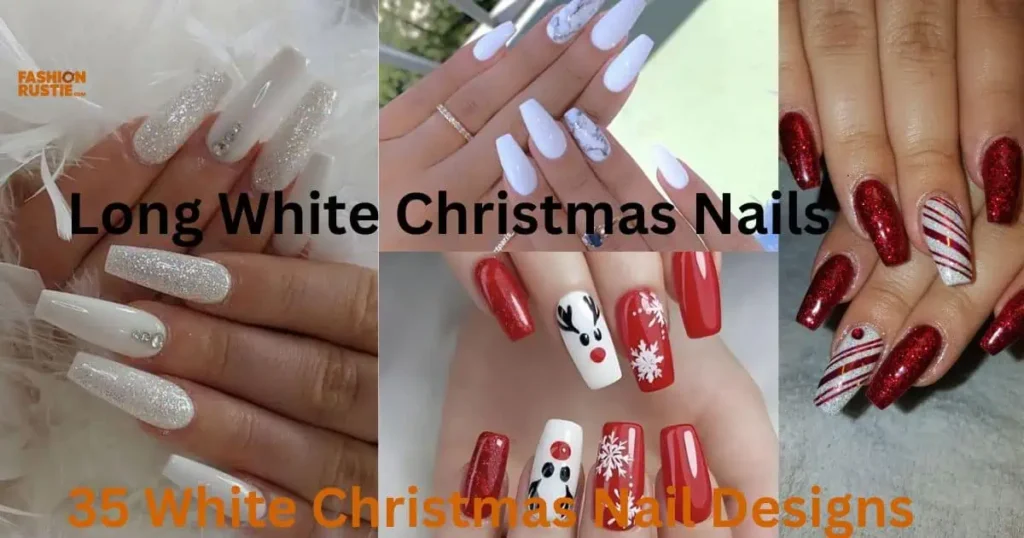 Stylish long white Christmas nails featuring intricate holiday-themed decorations for a festive look.