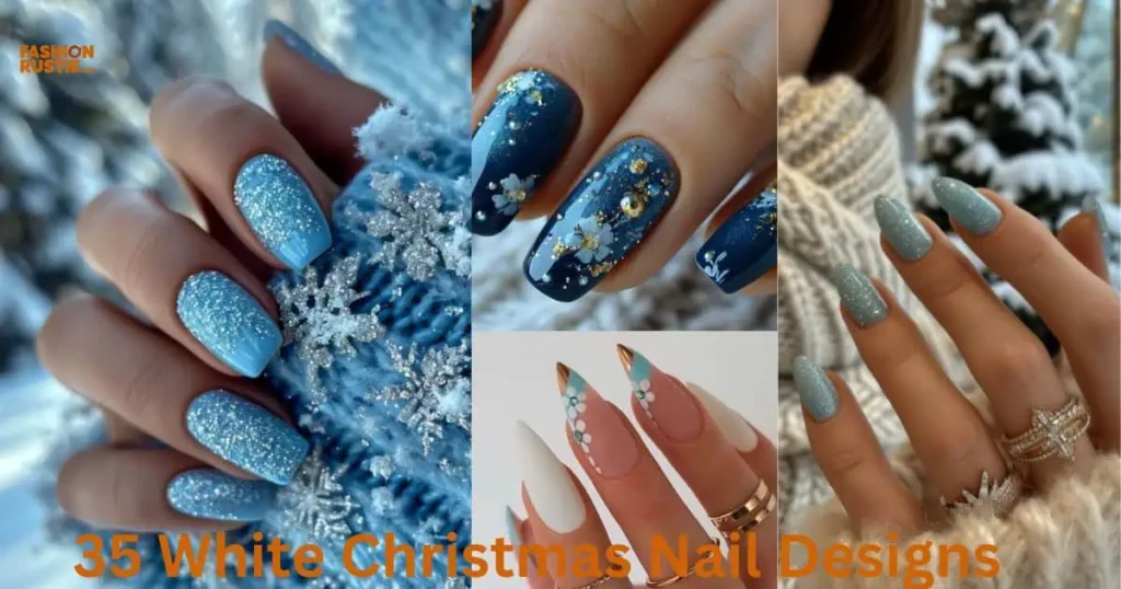 A collection of elegant white Christmas nail designs featuring sparkling crystal frost accents for a festive look.