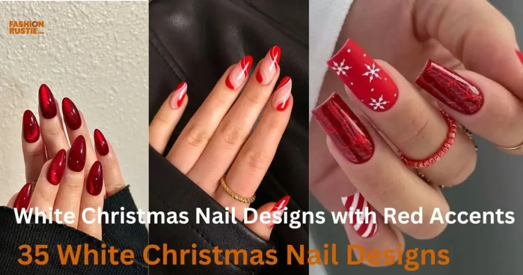 Elegant white Christmas nail designs featuring striking red accents for a festive and stylish holiday look.
