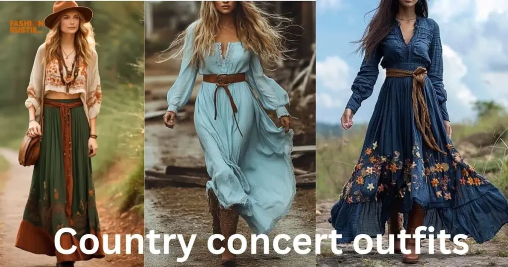 A collection of four images featuring women in dresses and boots, embodying the essence of rustic elegance.