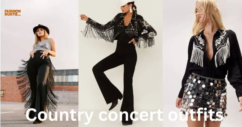 Four women display unique country concert attire, capturing the essence of Country Rock Glam in their fashionable looks.