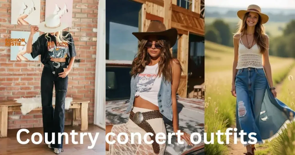 A collage of four women dressed in trendy jeans and tops, illustrating cute and chic outfits for a country concert.