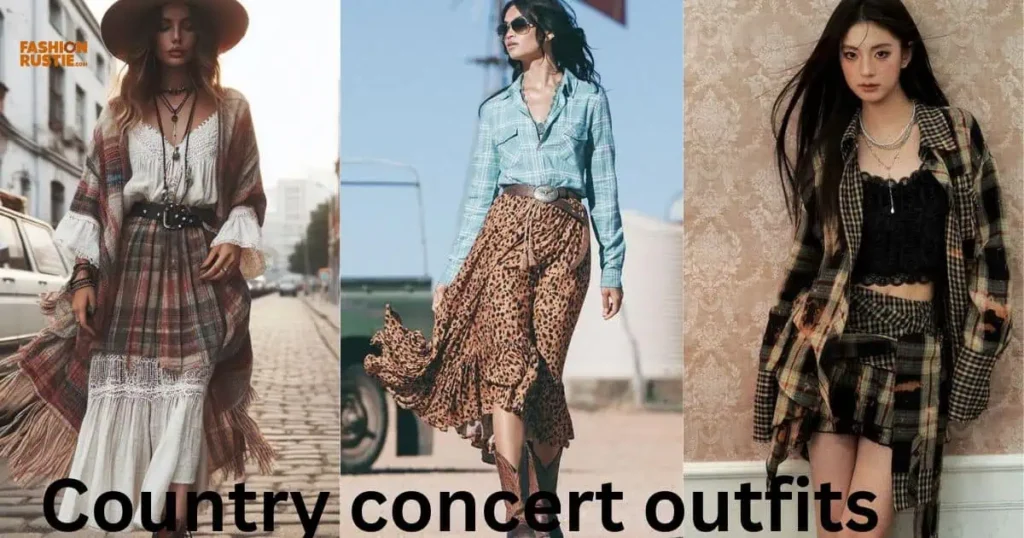 Stylish country concert outfits blending rustic charm with chic elegance, perfect for a lively outdoor event.