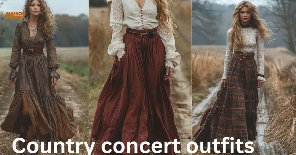 A collection of country concert outfits showcasing a harmonious blend of rustic elements and chic fashion.
