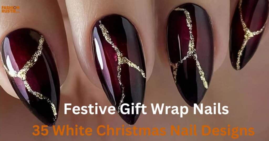 Colorful festive gift wrap nails adorned with cheerful designs, ideal for adding a touch of holiday spirit to any look.