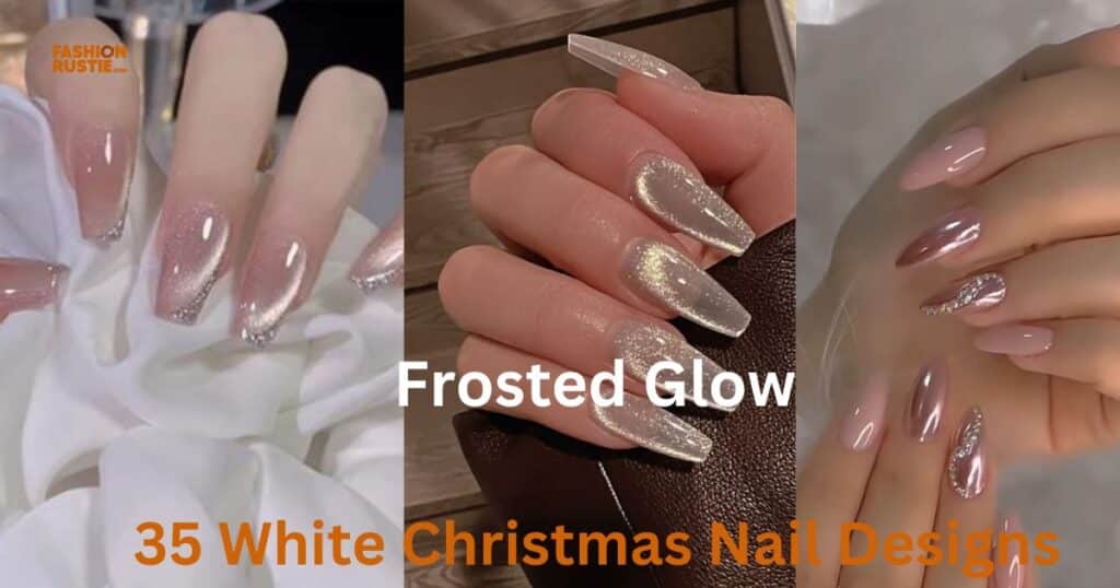 Display of 35 unique white nail designs featuring frosted glow accents and artistic details.