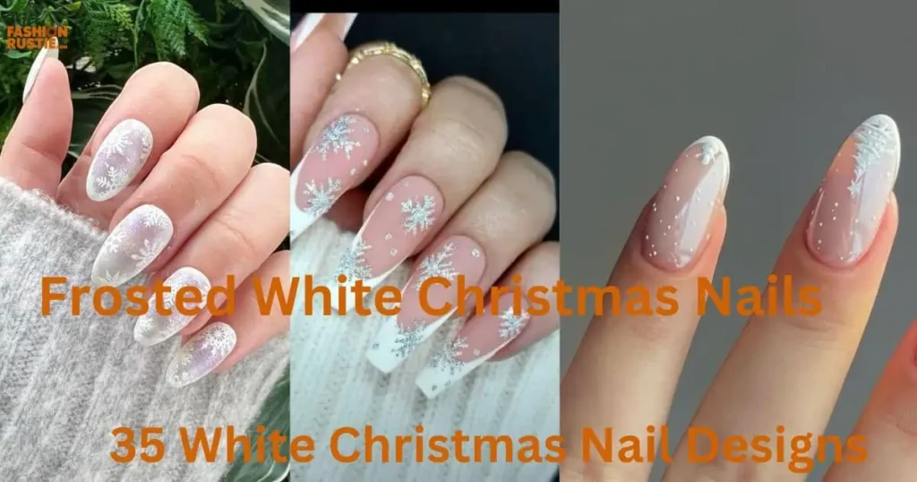 Elegant frosted white Christmas nails featuring intricate designs, perfect for the holiday season.