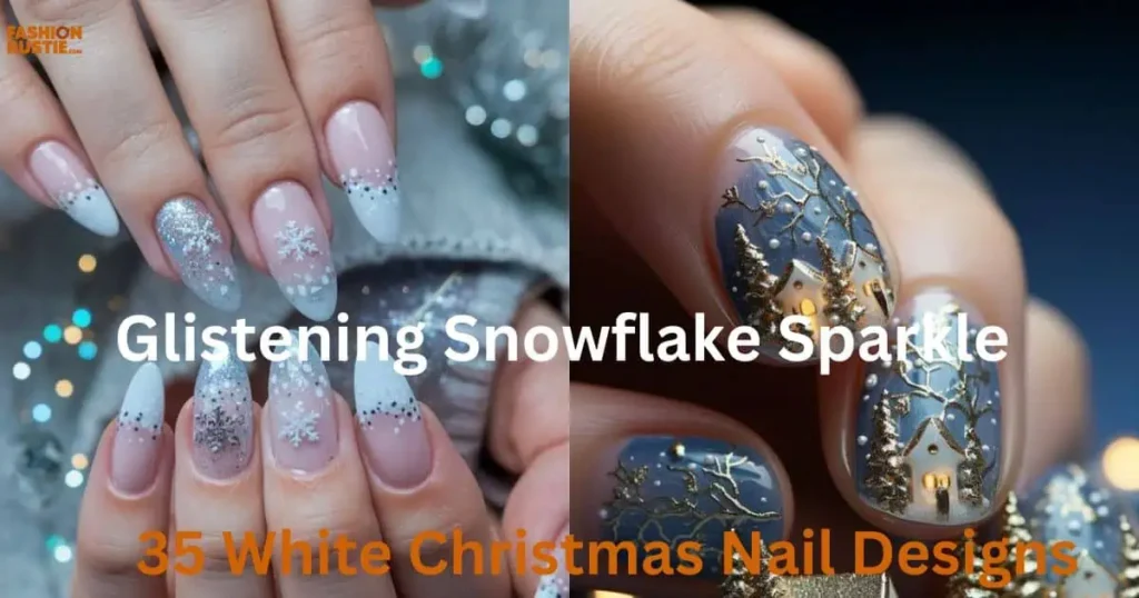 A beautifully crafted nail design with a glistening snowflake sparkle, highlighting the shimmering and festive elements.