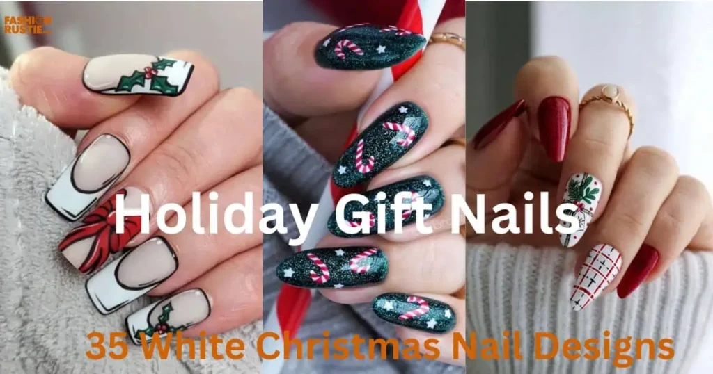 Beautifully designed holiday gift nails featuring 35 unique white Christmas styles for a festive look.
