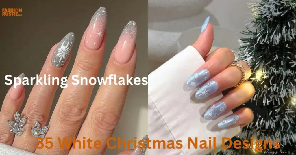 Display of 35 white Christmas nail designs adorned with sparkling snowflakes, perfect for the holiday season.